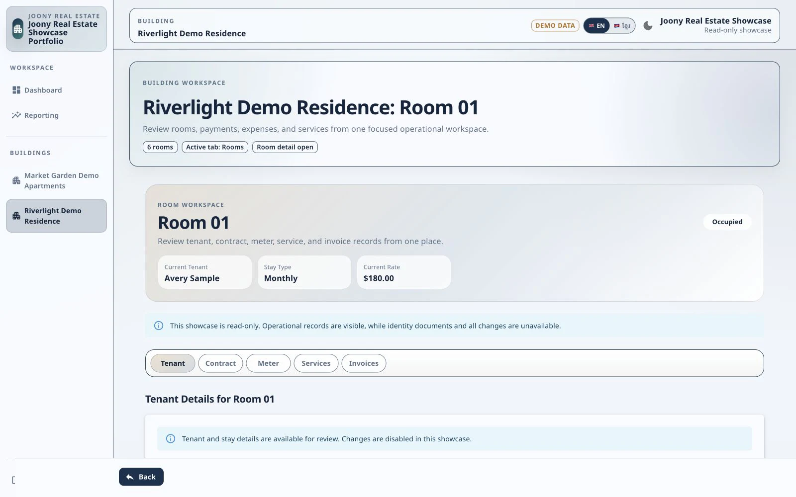 Joony Real Estate unit record using a fictional tenant and stay